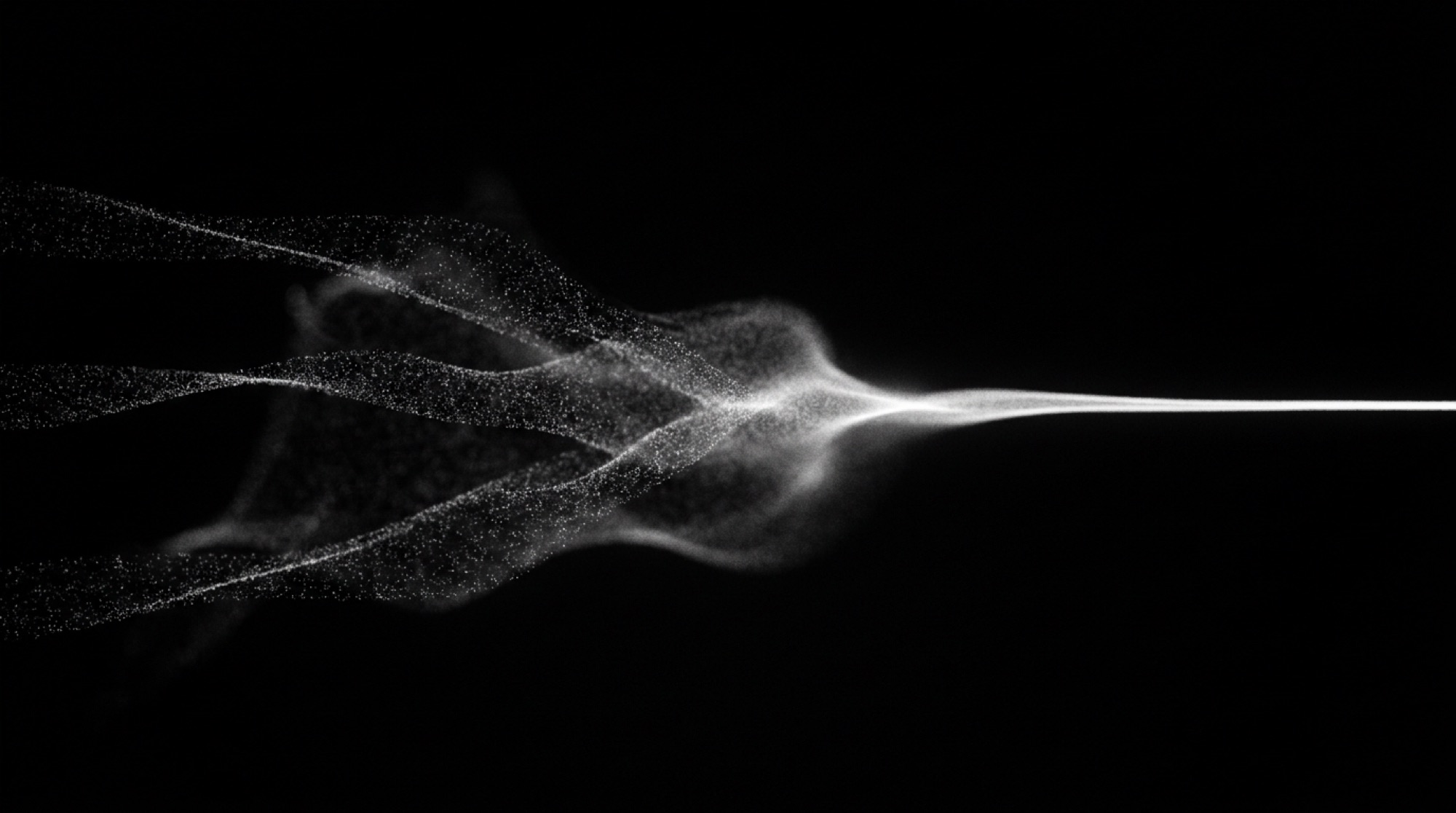 Three thin ribbons of light merging into one